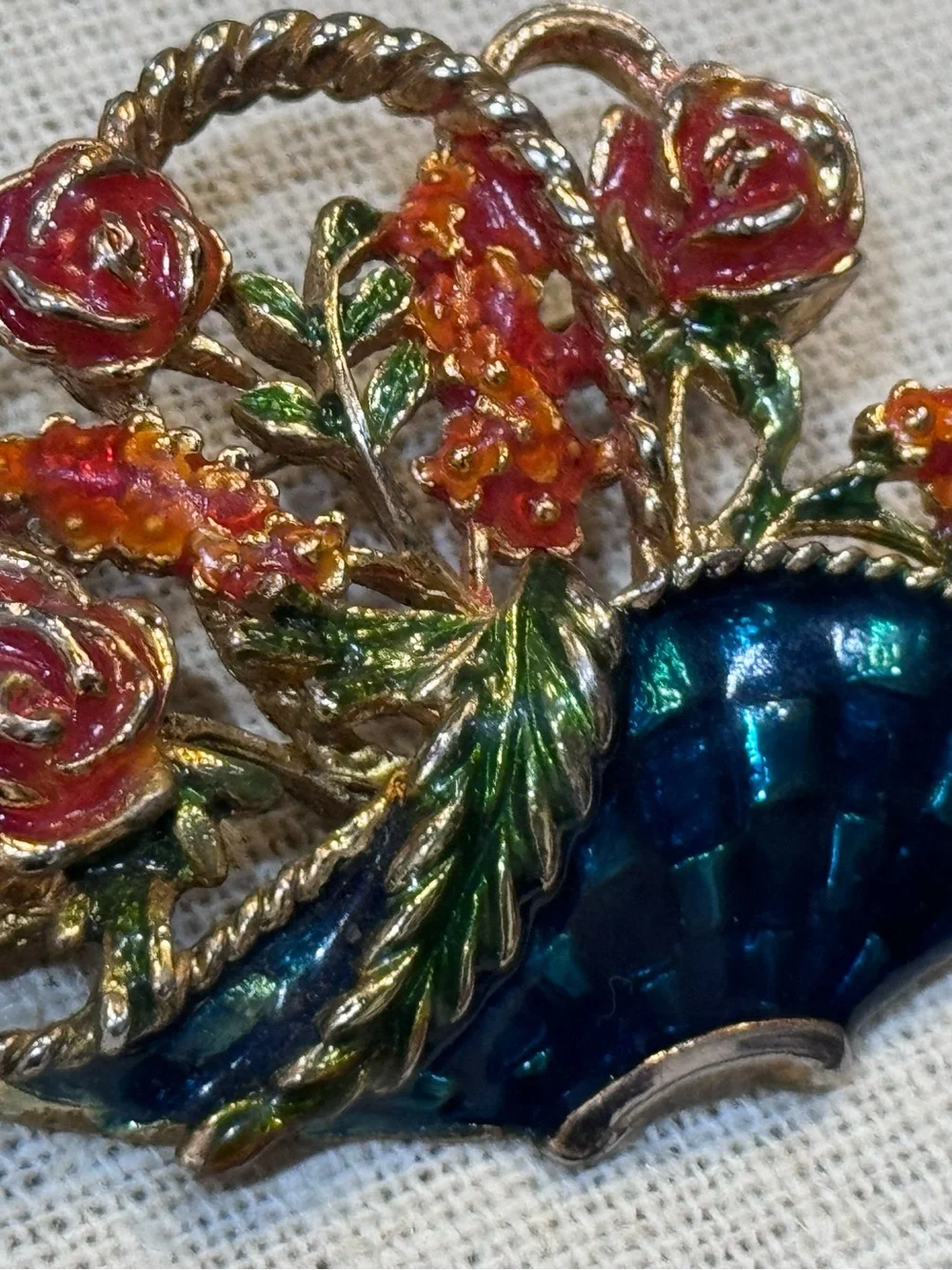 Vintage Blue Enamel Floral Basket Brooch Red Roses Flowers Gold Tone Pin